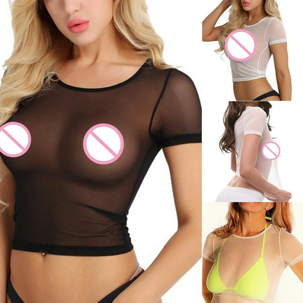 Женские сексуальные прозрачные сетчатые топы с круглым вырезом и коротким