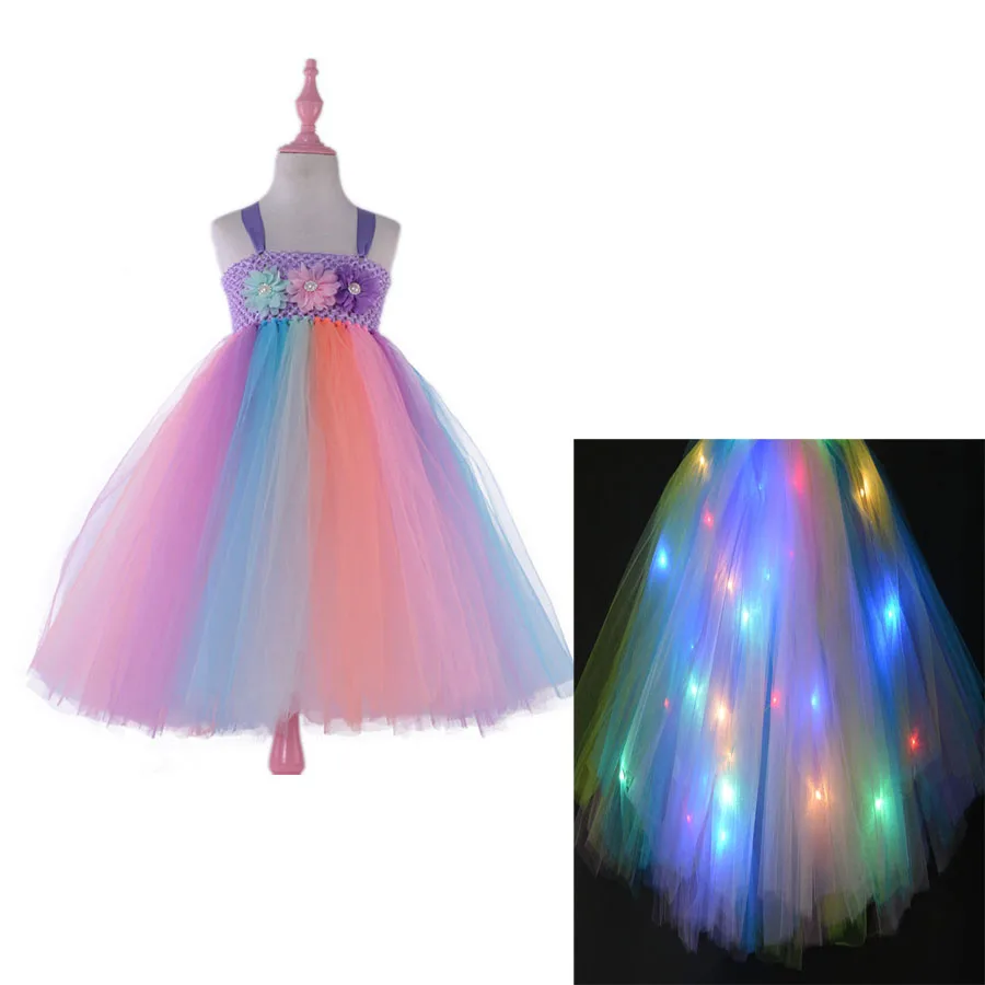 

Glowing Kids Flower Dress Girls Cosplay Prom Costume Children Princess Lace Dresses Halloween Party Tutu 2T-9T