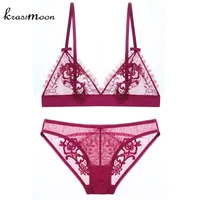 plus size push up bra sets ultra thin sexy full lace eyelash flower wire free bra and panties intimates embroidery underwear