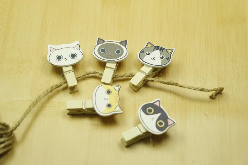 

10 pcs/lot Kawaii Cartoon Cat Wooden Clip with Hemp Rope Photo paper Clothespin Craft Clips Party Decoration Clip