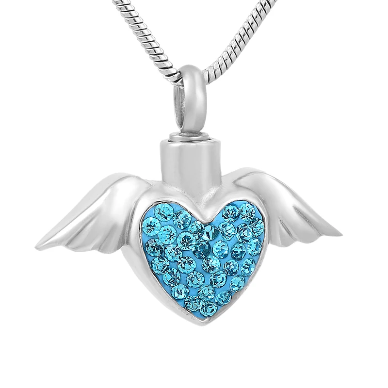 

IJD9770 Fashion 316L Stainless Steel Angel Wing Wrapped Crystal Heart Cremation Urn Jewelry Pendant Necklace For Women And Men
