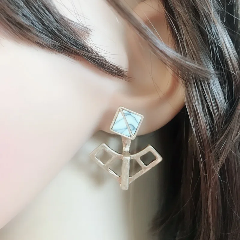 Квадратные серьги из камня howlite модные серьги-гвоздики с двумя частями белого