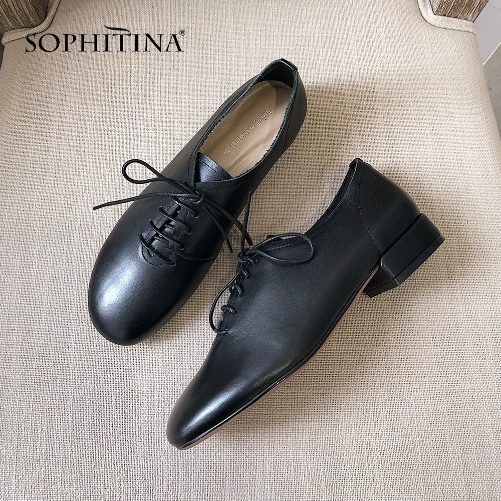 SOPHITINA/Удобные женские туфли из мягкой натуральной кожи с круглым мыском на низком