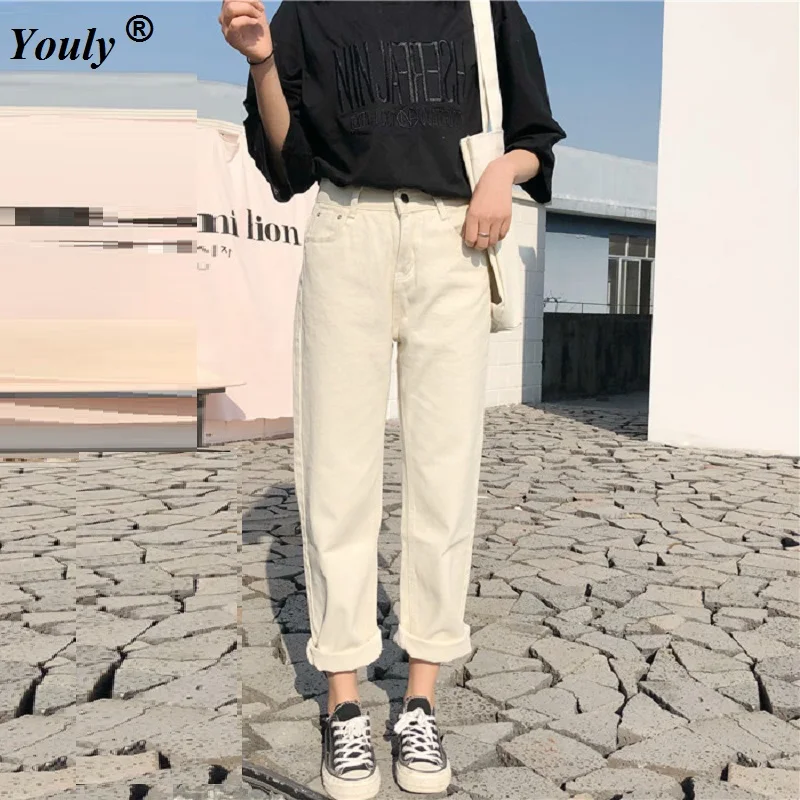 White Jeans Denim Pants Woman 2021 Preppy Casual Style Loose Streetwear Full Length Wide Leg Jeans Denim Pants Boyfriend Vestido