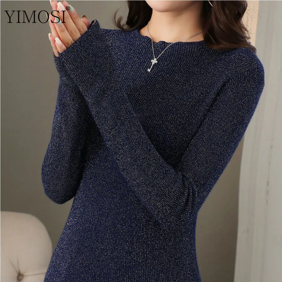 Autumn Winter Women Shiny Lurex Sweaters 2019 Casual Long Sleeve Turtleneck Pullovers Lady Slim Tops Female High Elastic Jumper | Женская