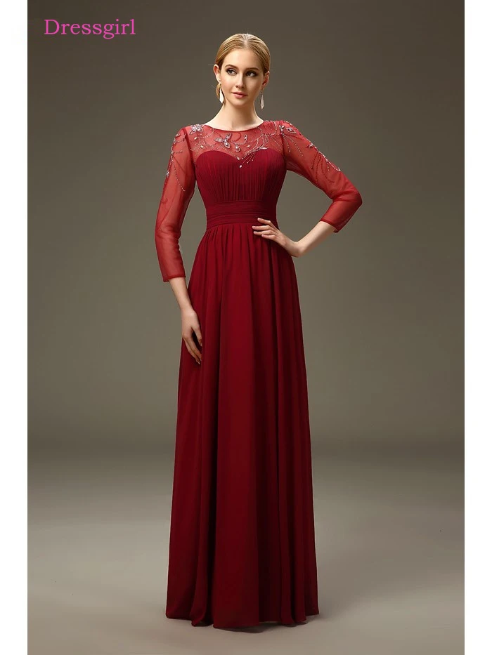 

Red Mother Of The Bride Dresses A-line 3/4 Sleeves Chiffon Beaded Plus Size Long Elegant Groom Mother Dresses Wedding