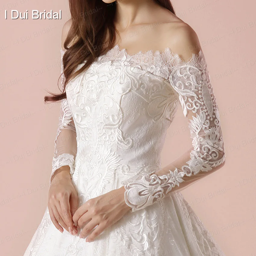 Off Shoulder Full Sleeve Wedding Dress Lace Appliqued Luxury High Quality Bridal Gown New