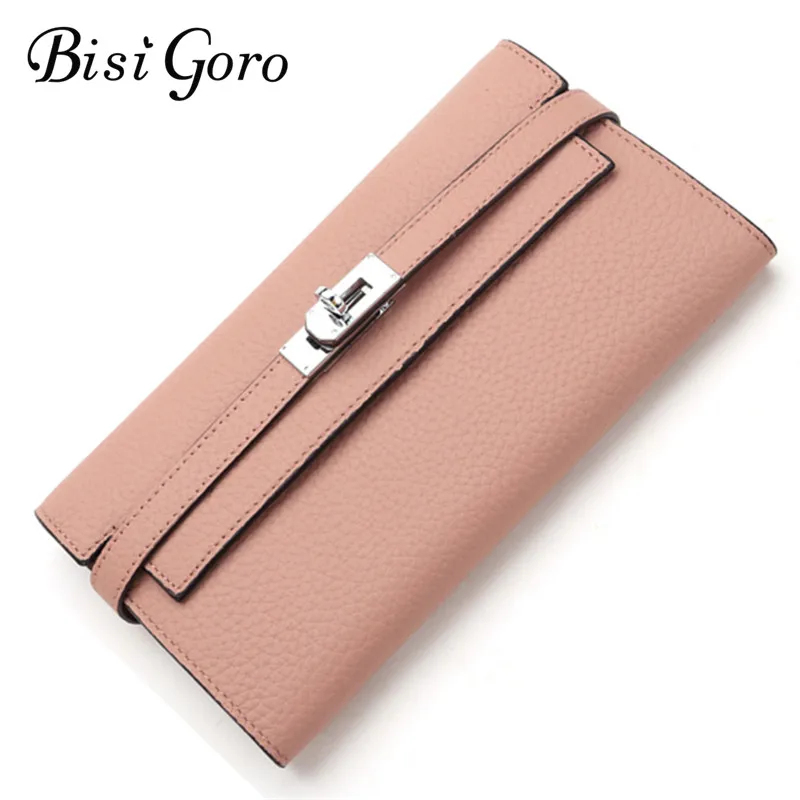 

Bisi Goro 2022 Quality Cowhide Leather Wallets Metal Lock Clutch Long Women Purse Luxury Brand Party Wallet Female IDCard Holder