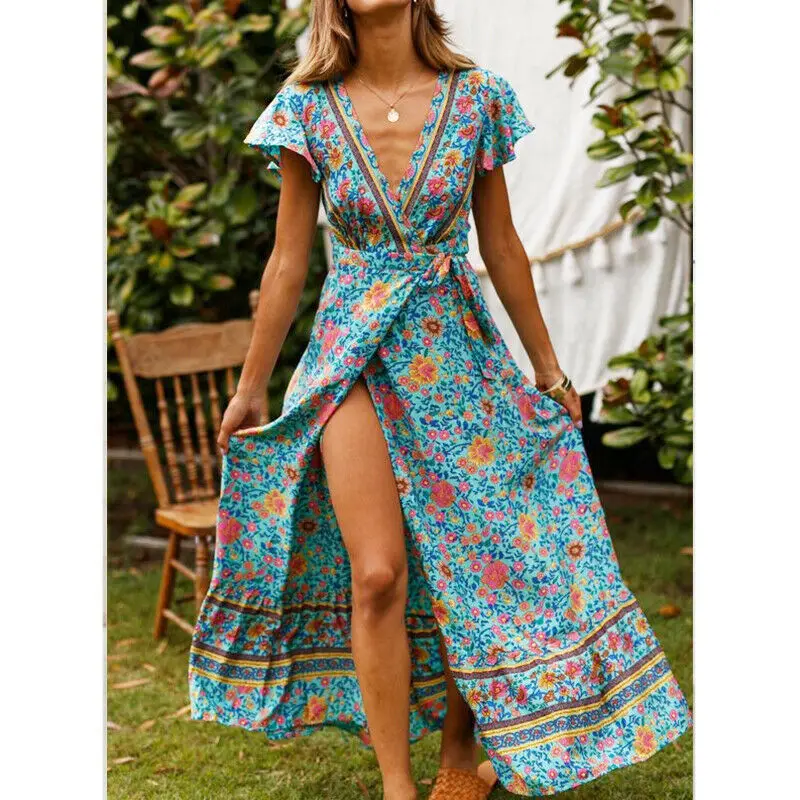 Женские Sommer Цветочные Boho lange Maxi Kleid Abend вечерние коктейльные пляжные