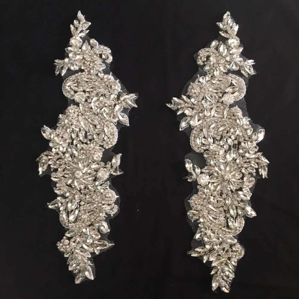 

1 Pair Rhinestone Bead Applique Heavy Bead Handmade Rhinestone Motif Bodice For Bridal Aash, Crystal Bridal Headpiece