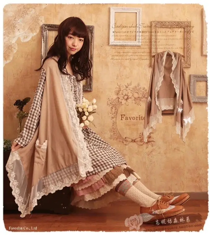 Harajuku Mori Lolita Girl Cawaii Свободная рубашка с рукавами летучая мышь кружевной кардиган