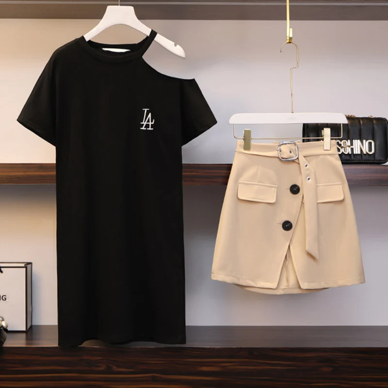 Black-Khaki Trytree летний женский топ из двух частей набор Повседневный полиэстер o-образным вырезом длинный черный топ+ юбка пояс цвета хаки женский костюм комплект 2 шт - Цвет: Black-Khaki