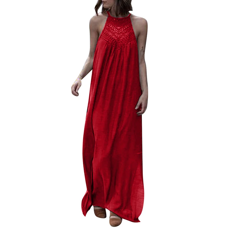 Повседневное женское платье макси без рукавов вязаное кружево ажурное