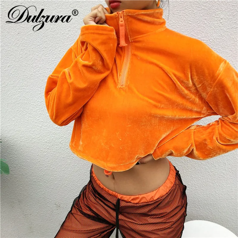 Dulzura sweatshirt women female zipper orange crop top loose hoodie style turtleneck long sleeve velvet 2018 autumn winter new | Женская