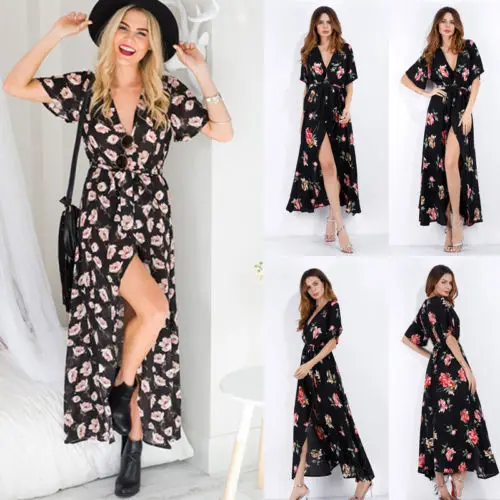 Для женщин леди Boho Цветочные длиной макси платье v образным вырезом с длинным
