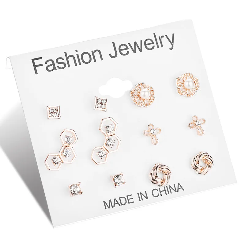 Новые милые мини серьги гвоздики 6 пар/уп. с геометрическими кристаллами и