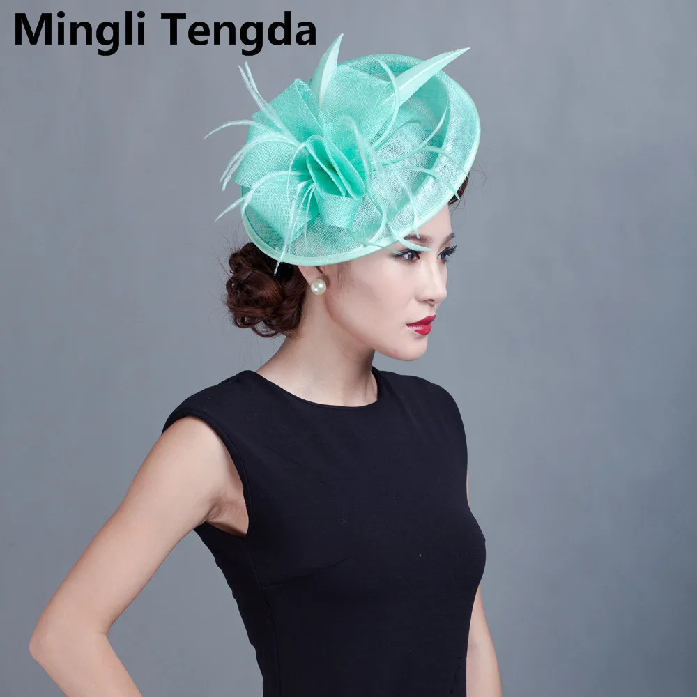 Свадебные аксессуары дамы большой перо Fascinators Шапки Для женщин аксессуары для волос с повязкой на голову для Свадебная вечеринка Mingli Tengda - Цвет: Light Green