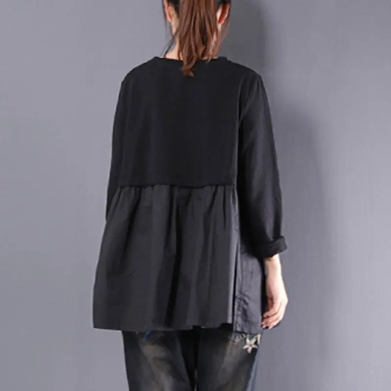 Large size women's T-shirt stitching plus 5XL 6XL 7XL 8XL summer round neck long sleeve loose black gray top | Женская одежда