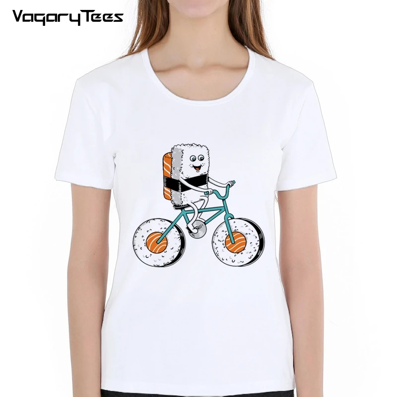 

Суши женские футболки милые еда велосипед Женские топы с принтом короткий рукав o-образный вырез Футболка Новинка крутая футболка