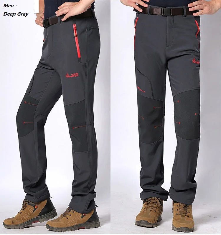 Men Deep Gray Мужские зимние уличные водонепроницаемые походные брюки Женские ветрозащитные термо флисовые софтшелл походные лыжные походные альпинистские брюки - Цвет: Men Deep Gray