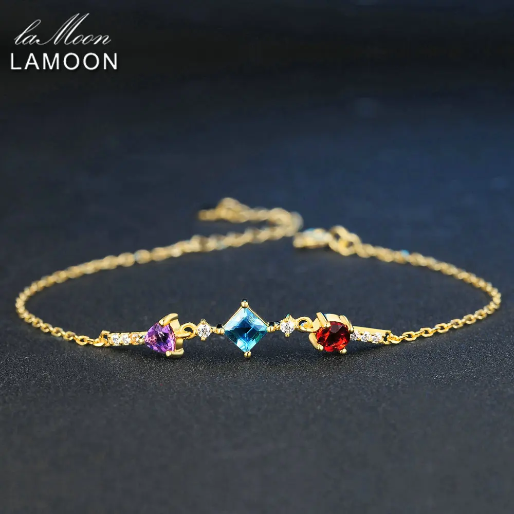 LAMOON 925 пробы серебряные украшения шармы Браслеты 4 мм Фиолетовый аметист красный