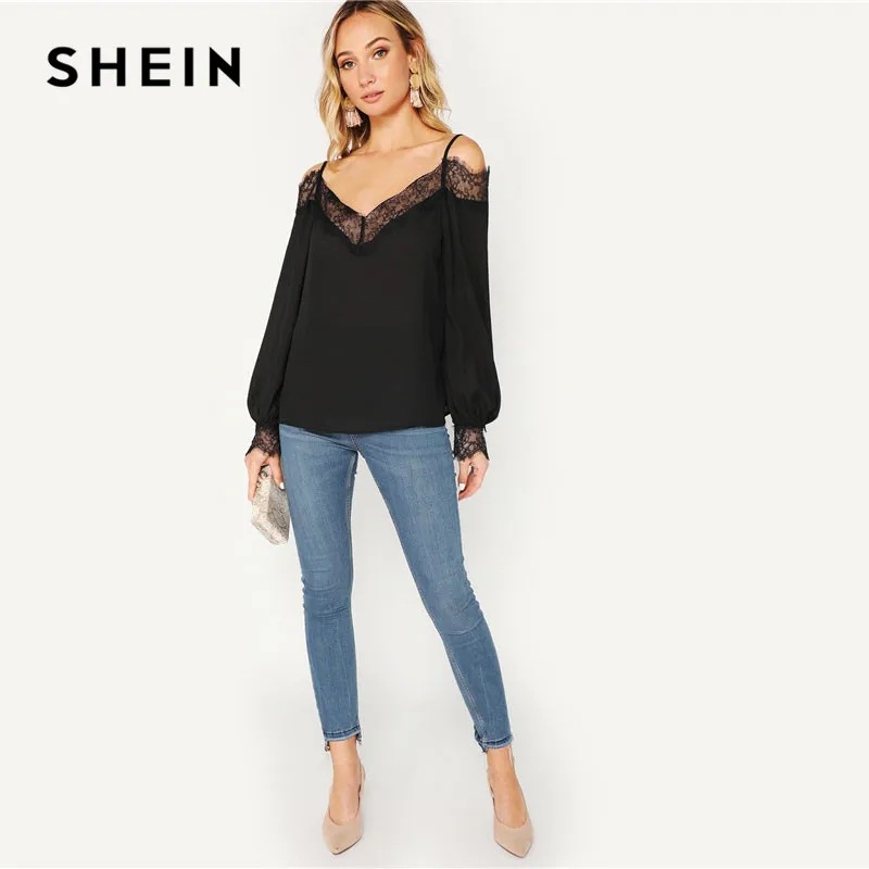 SHEIN Элегантный Топ С Открытыми Плечами И Кружевной Отделкой, Ажурный Топ С Длинными Рукавами