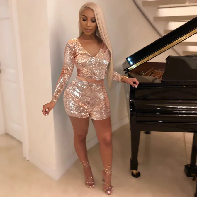 Sparkly Sequined Mesh See Through Sexy Party Two Piece Set Deep V Neck Full Sleeve Crop Top And High Waist Short Pants WNK8655 |