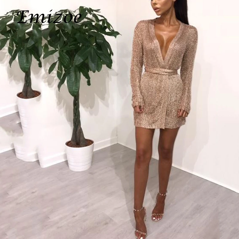 Женское трикотажное платье Emizoe клубное мини с длинным рукавом и бантом|knitted dresses