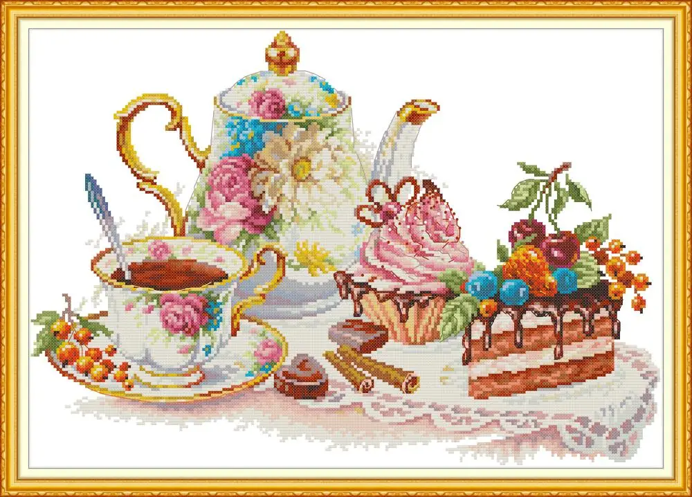 

Afternoon tea dessert coffee painting counted print on canvas DMC 11CT 14CT kits Chinese Cross Stitch embroidery needlework Sets