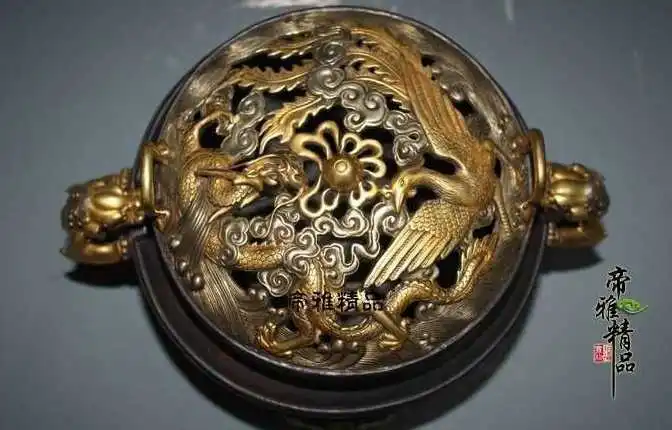 WBY Chinese Copper 24K Gold Gild Silver Dragon Phoenix Bird Incense Burner Censer | Дом и сад
