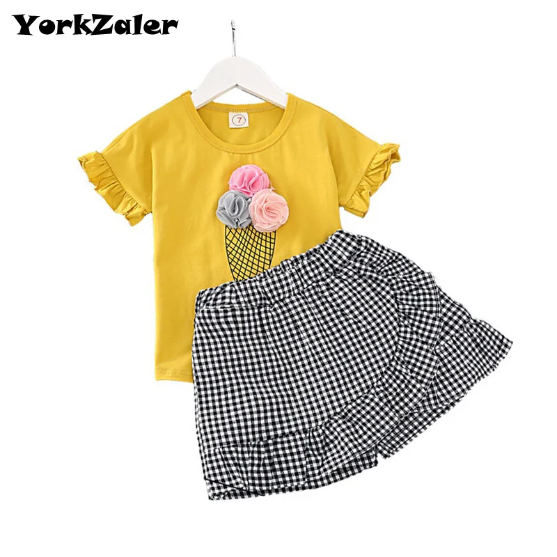 

YorkZaler Girls Clothing Set Spring Kids Yellow Comfortable Short Sleeve T-Shirt + beautiful Light Color Circular Checked Shorts