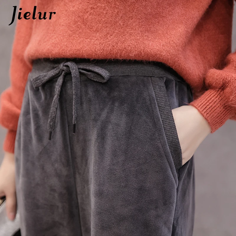 

Jielur Velvet Pants Women Thick 2020 Autumn New Warm Fashion Korean Wild Side Stripe Winter Trousers Girls Casual Chicly Slim