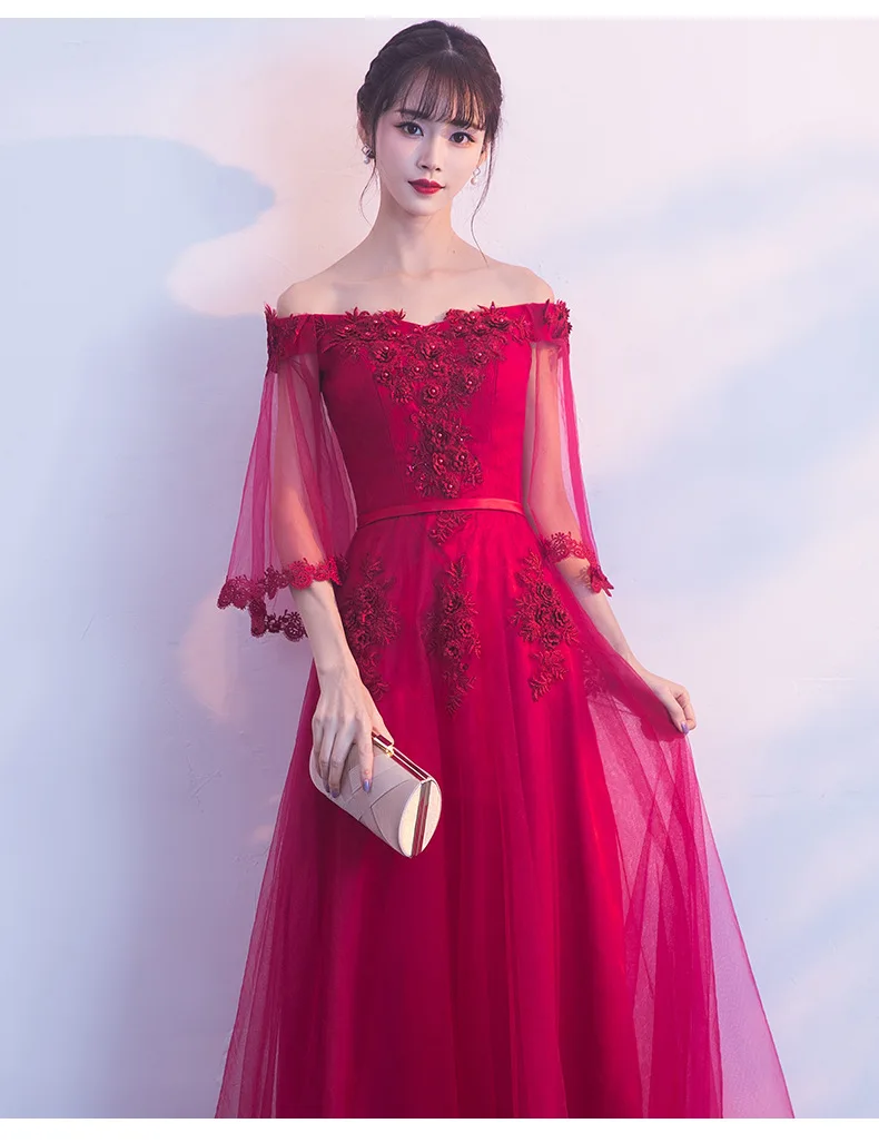 Красивое бордовое вечернее платье Emily с открытыми плечами для выпускного вечера