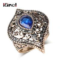 kinel fashion indian blue crystal ring for women ancient gold color bohemia rings vintage jewelry wholesal 2018 new