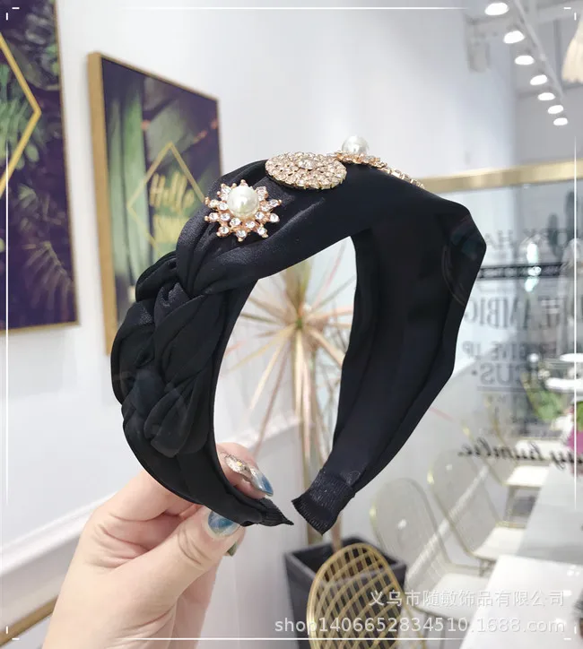 Зеленый Корейский обруч для волос Schwarz Tuch Verknotet Kreuz Tie Breiten Stirnbander Fur Frauen Mode Schmuck имитация Perle Kristall Haar - Цвет: Зеленый
