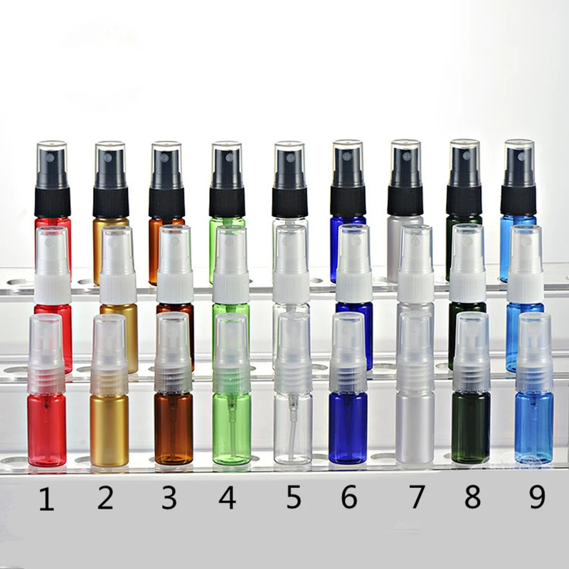 

100pcs Refillable Mini Plastic Spray Bottl PET Plastic e Atomizer Perfume Spray Bottle Colorful Plastico Botella Brown Blue 10ml