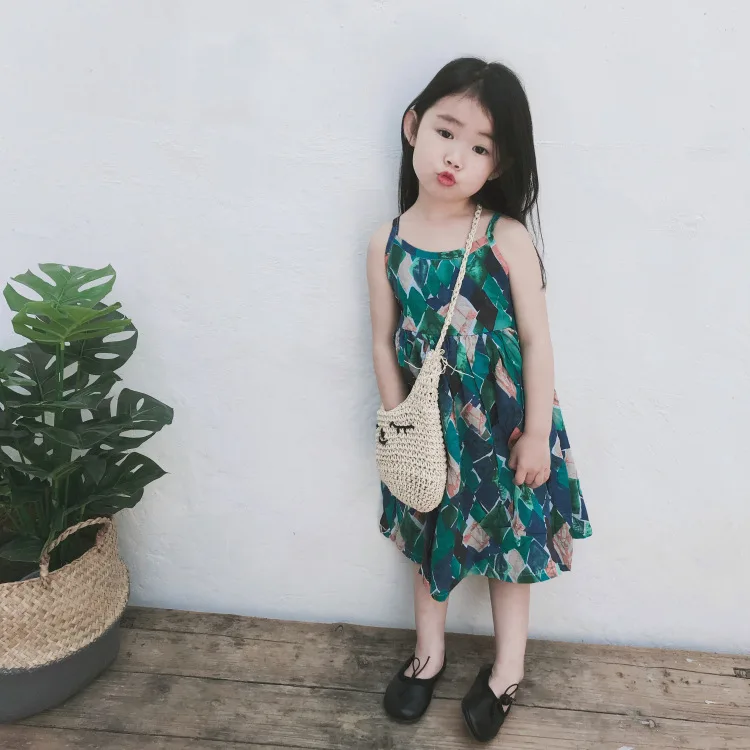 

Summer New Baby Girl Dress Princess Girl Clothes Flowers Printing Strap Beach Dress Kids Dresses for Girls Pretty Ruffles Dress