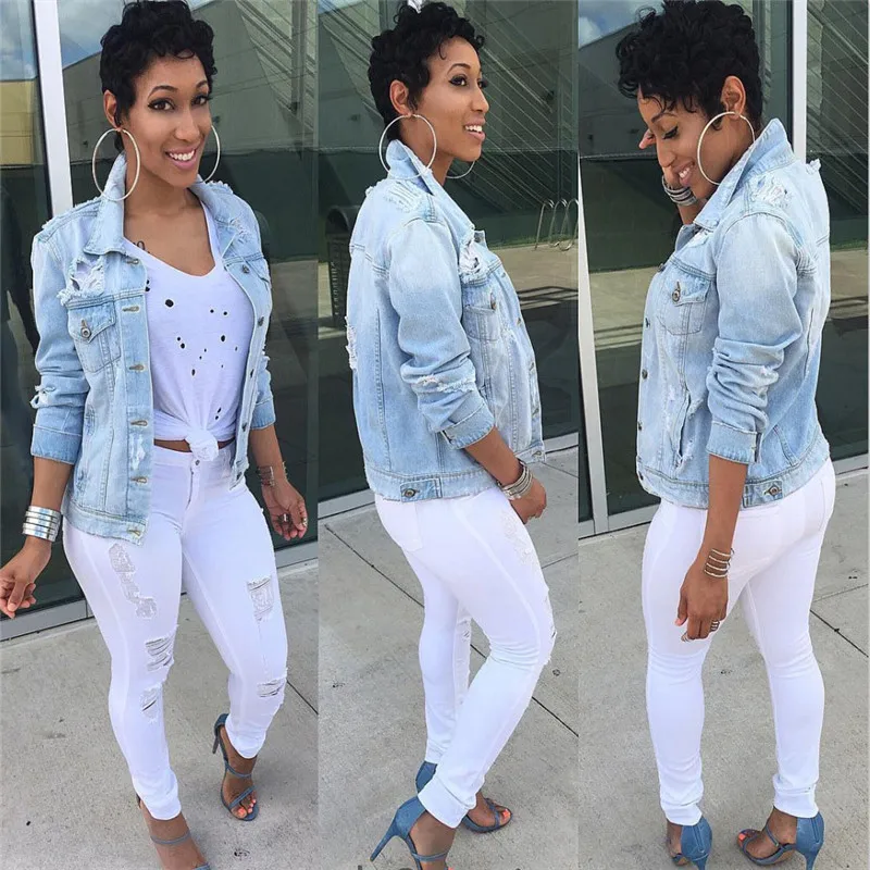 

lovepeapomelo 2018 Spring and Autumn New Long Sleeve Denim Jacket Fashion Big Size Blue Denim Women's Jacket 5XL D295