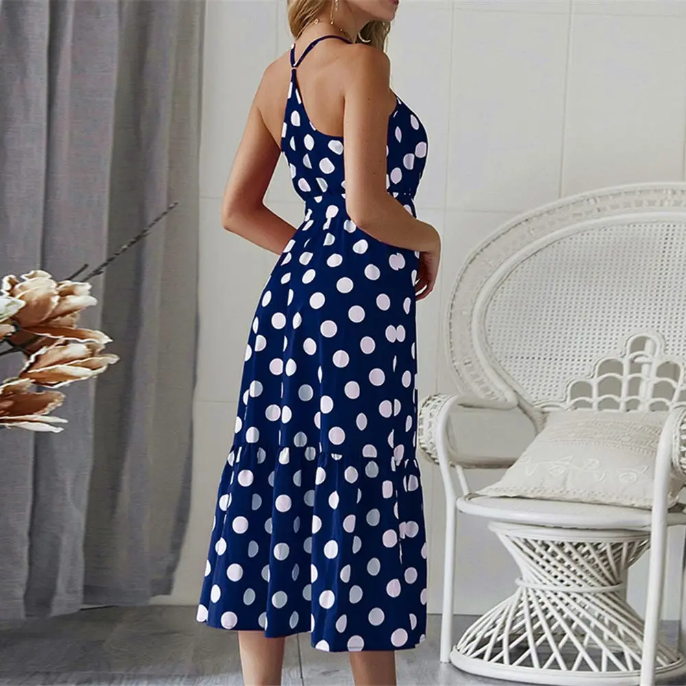WildPinky Для женщин Boho горошек летнее пляжное платье миди Вечеринка v образным