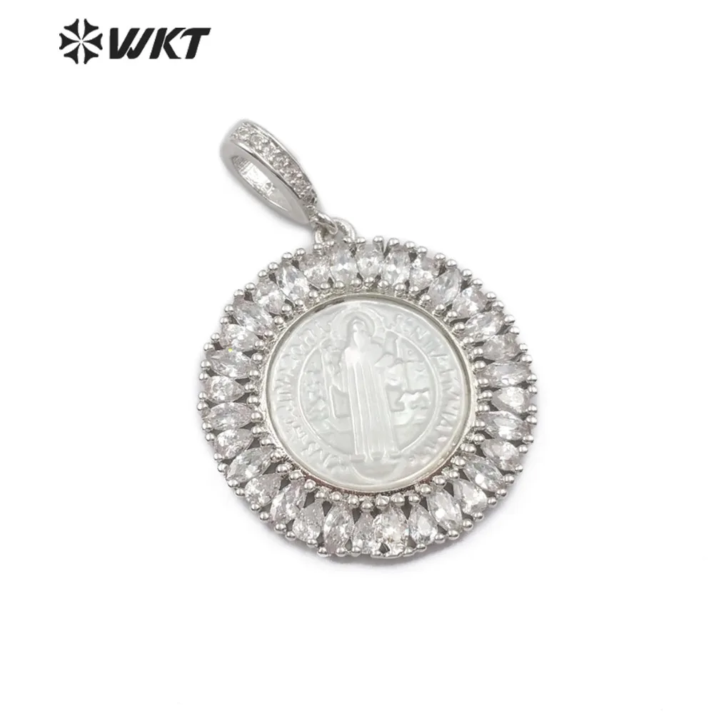 WT MP116 изящный резной кулон в виде ракушки De Guadalupe Blessed Virgin Saint Benedict медальон