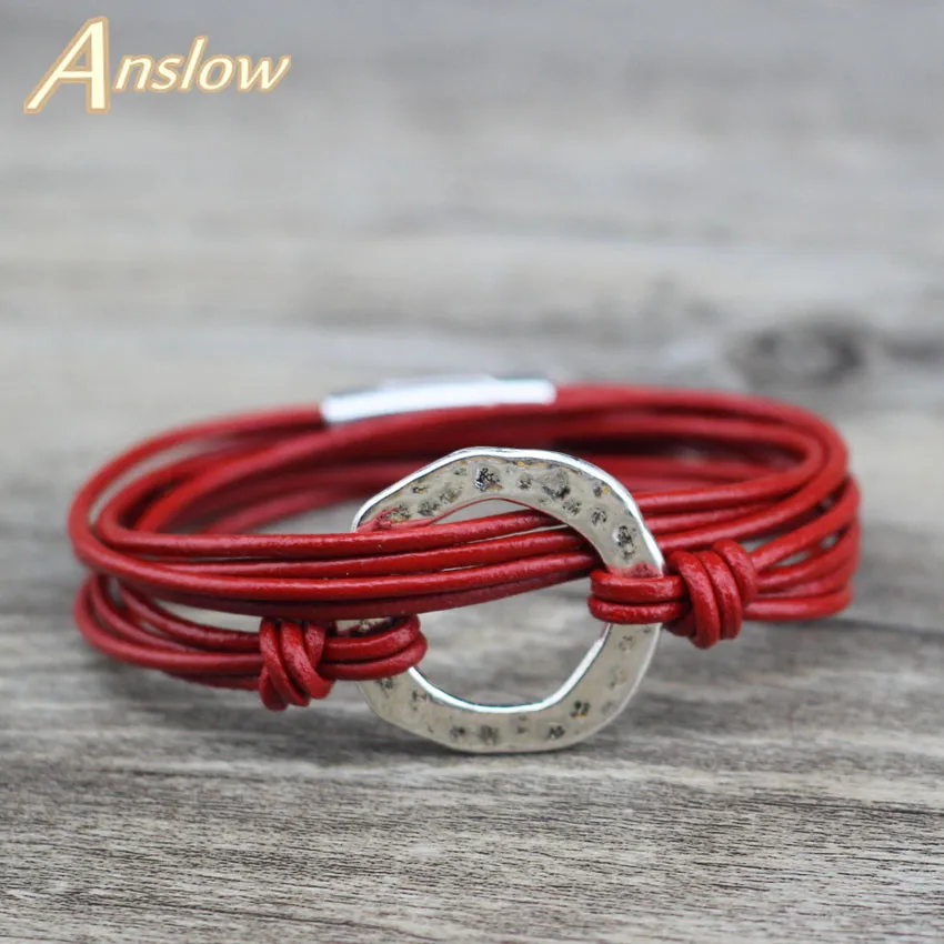 Red Anslow, модные ювелирные изделия, винтажные серебряные кожаные браслеты для женщин и мужчин, магнитная обертка, очаровательный браслет и браслеты для мужчин LOW0721LB - Окраска металла: Red