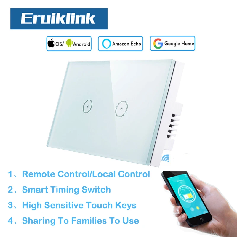 Стеклянная панель Eruiklink с Wi Fi 2 клавиши стандарт США сенсорные светильник ели
