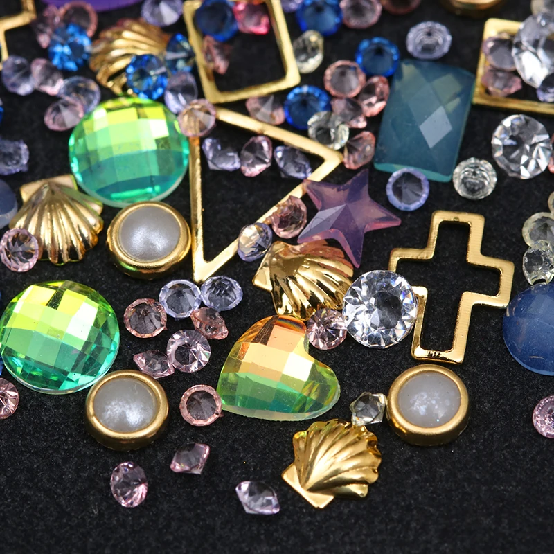 Colorful Mixed Nail Acrylic Rhinestones Flat Bottom Clear Multi-size Alloy Metal Frame Shell Manicure 3D Art DIY Decoration | Красота и