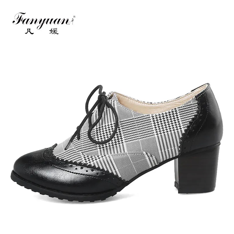 

Fanyuan Retro Mix color Square Heel Pumps Fashion Round Toe High Heels Lace-Up Shallow Women Pumps Casual Grid pattern Shoes