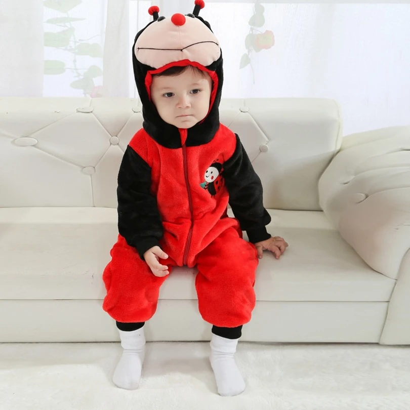 

Winter Flannel Baby Ladybug Clothing Long Sleeve Hooded Baby Rompers Jumpsuits for Boy Girl Infant Overalls