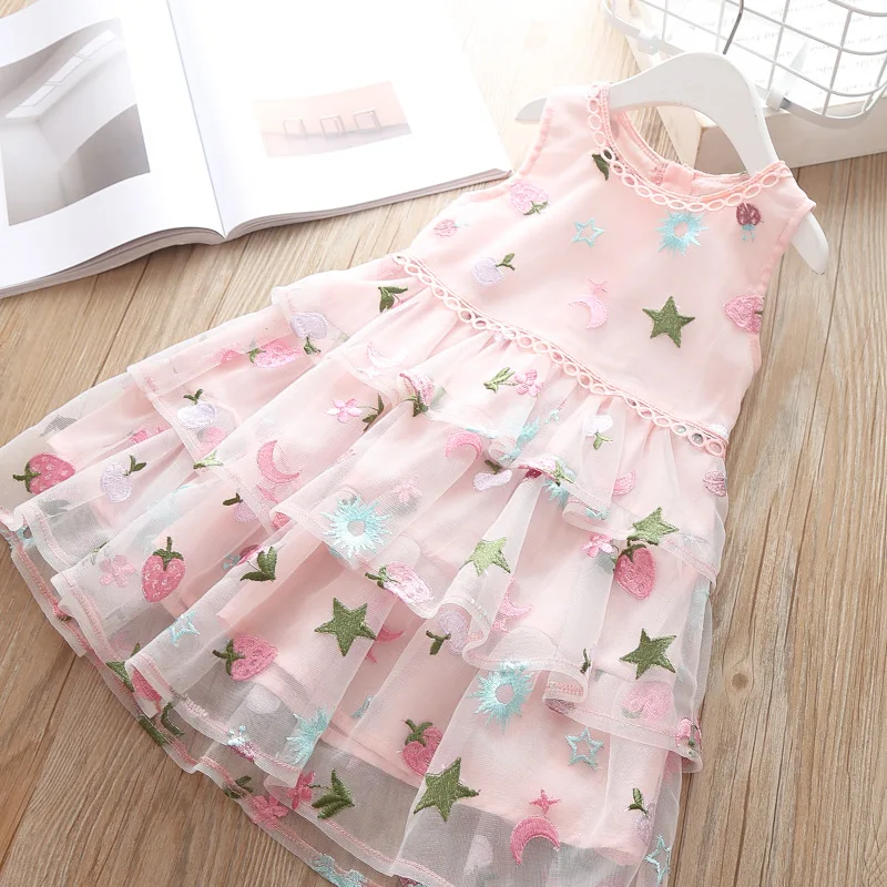 

Summer Kids Dress Baby Girls Clothes Lace Patchwork Cake Dress Embroidered Robe Princess Wedding Party Elegant Girls Vestido