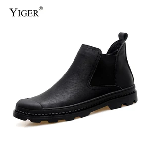 Мужские ботинки челси YIGER, черные повседневные ботильоны из натуральной кожи, на меху, без шнуровки, 0200