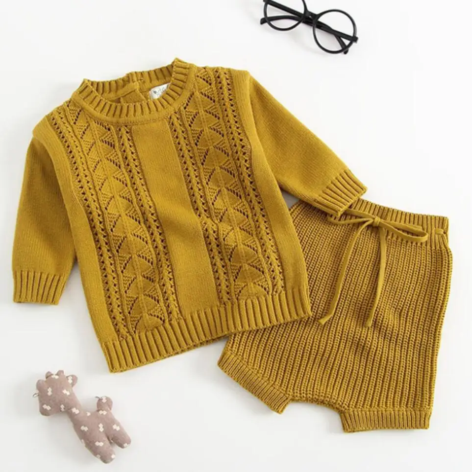 B83S01 Yellow Одежда для детей от 0 до 2 лет Новинка года, осенний костюм для маленьких девочек Трикотажная хлопковая блузка с длинными рукавами+ шорты с листьями лотоса комплект одежды для малышей - Color: B83S01 Yellow