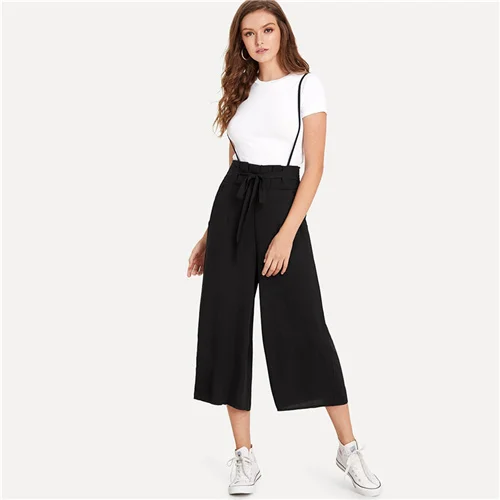 Dotfashion, одноцветные, с узелком, передний карман, боковой передник, брюки, элегантный женский комбинезон, весна, Повседневный, без рукавов, широкие штаны, комбинезоны - Цвет: Черный