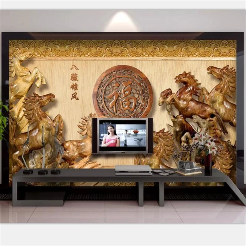 beibehang Wallpaper mural custom photo living room 3d wood carving eight horses male wind to success wallpaper background | Обустройство